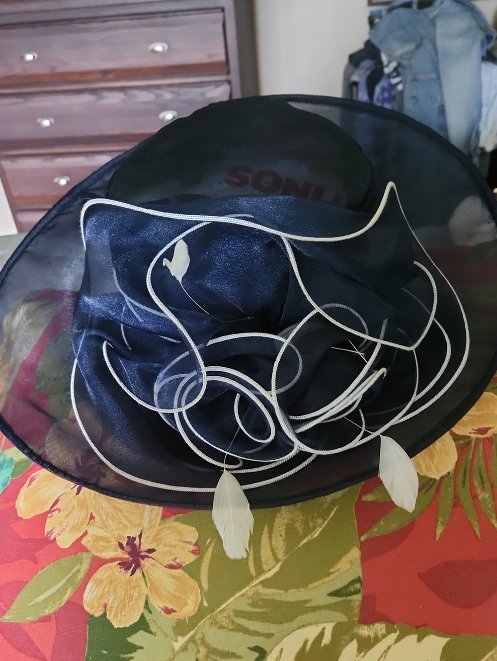 B'ful Navy Wide-Brim Hat with White Trim and Feather Accents